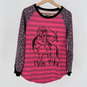 Crazy Train Western Boho Blouse Sweater Top Small Leopard Long Sleeve